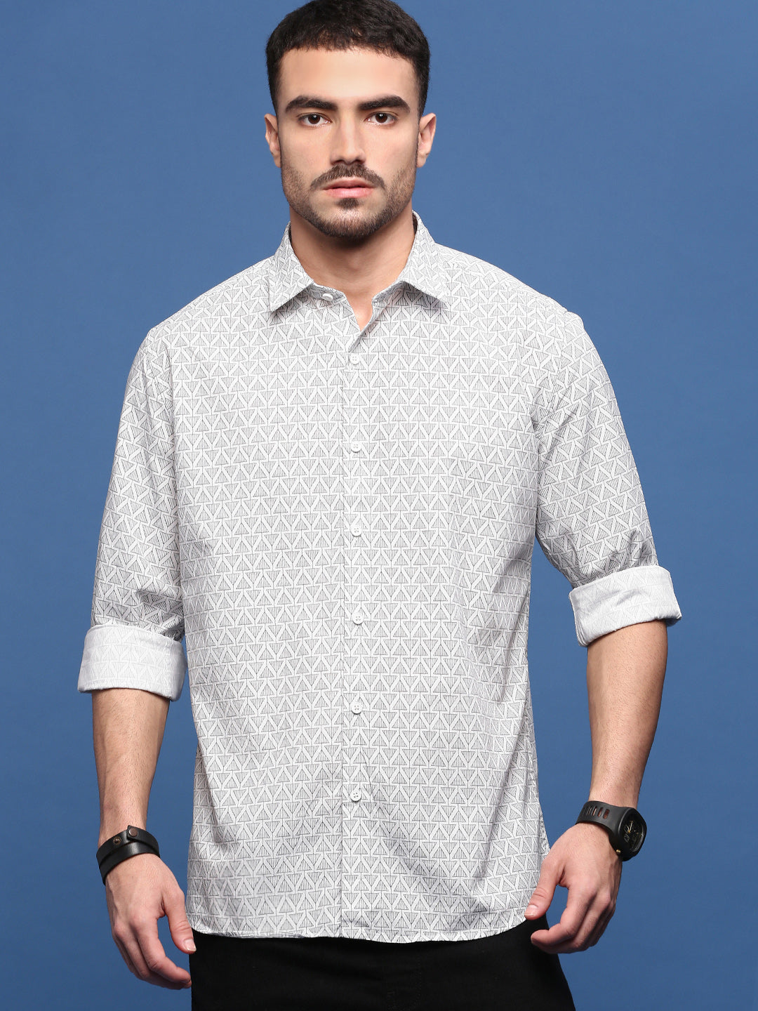 Men White Geometric Slim Fit Shirt