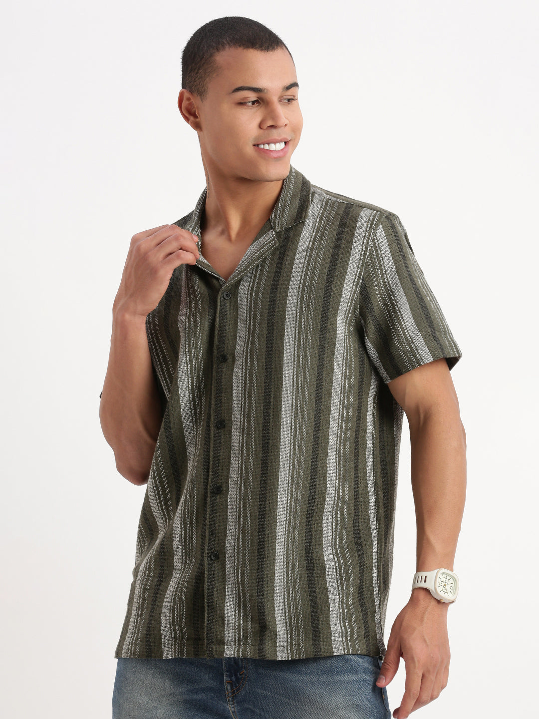Men Cuban Collar Vertical Stripes Olive Shirt