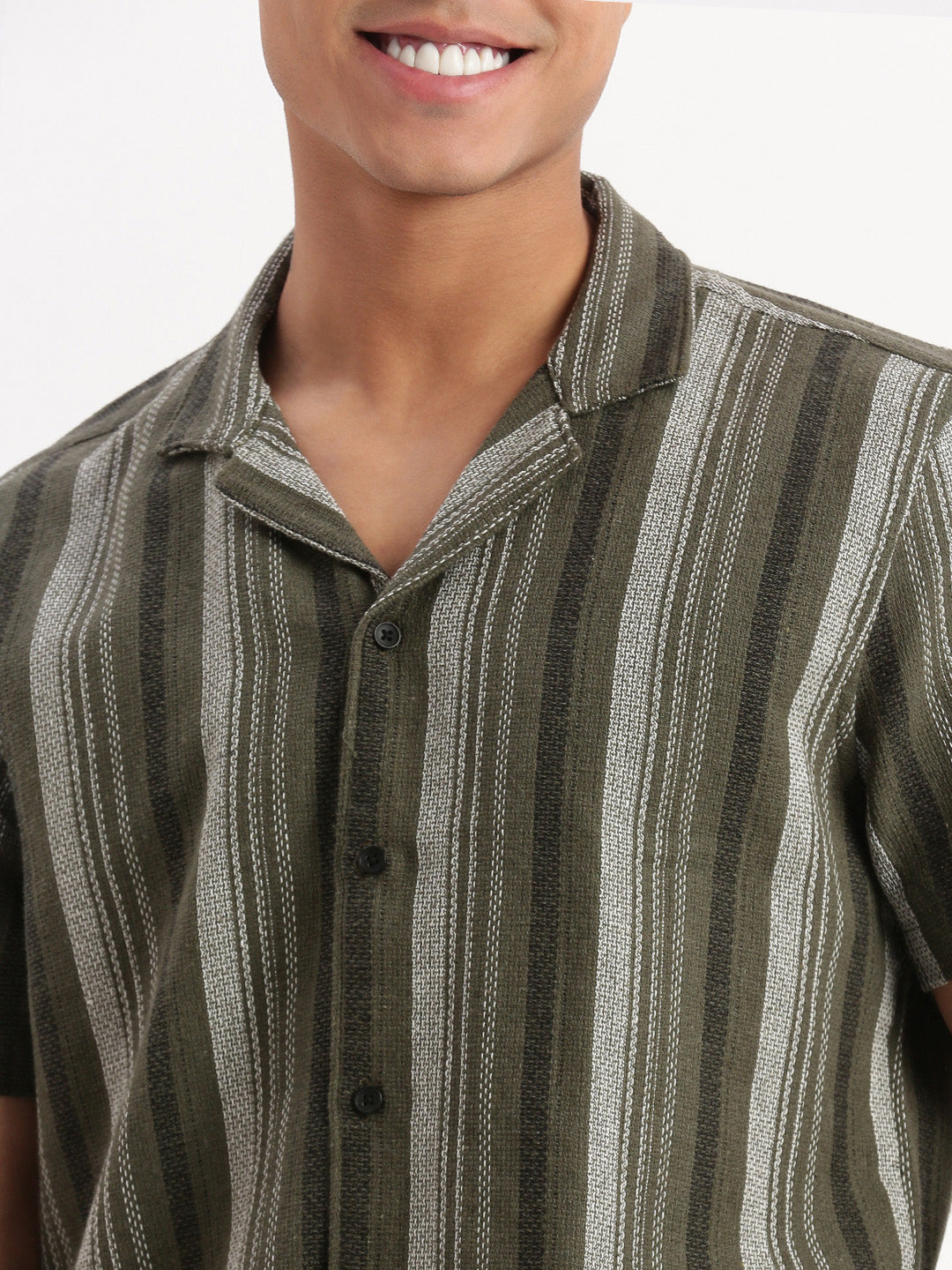 Men Cuban Collar Vertical Stripes Olive Shirt