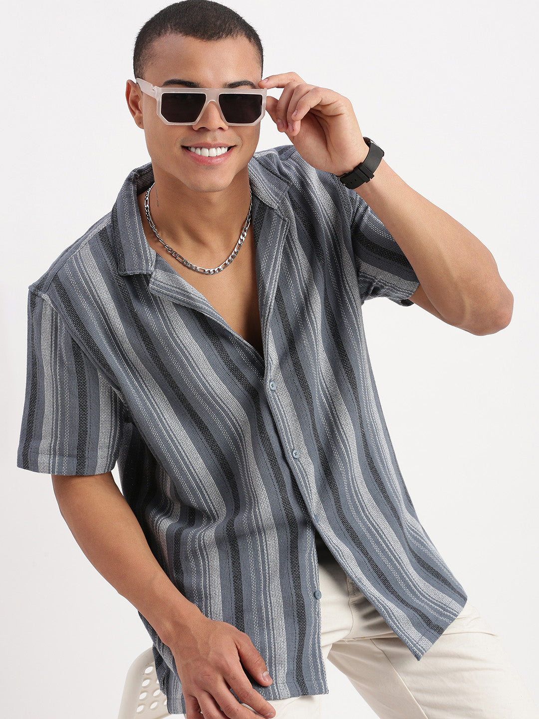 Men Cuban Collar Vertical Stripes Grey Shirt