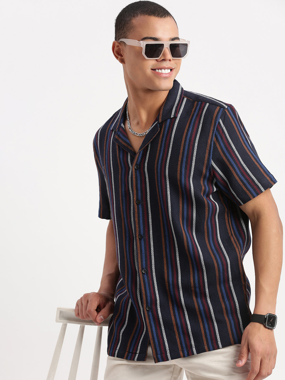 Men Cuban Collar Vertical Stripes Navy Blue Shirt