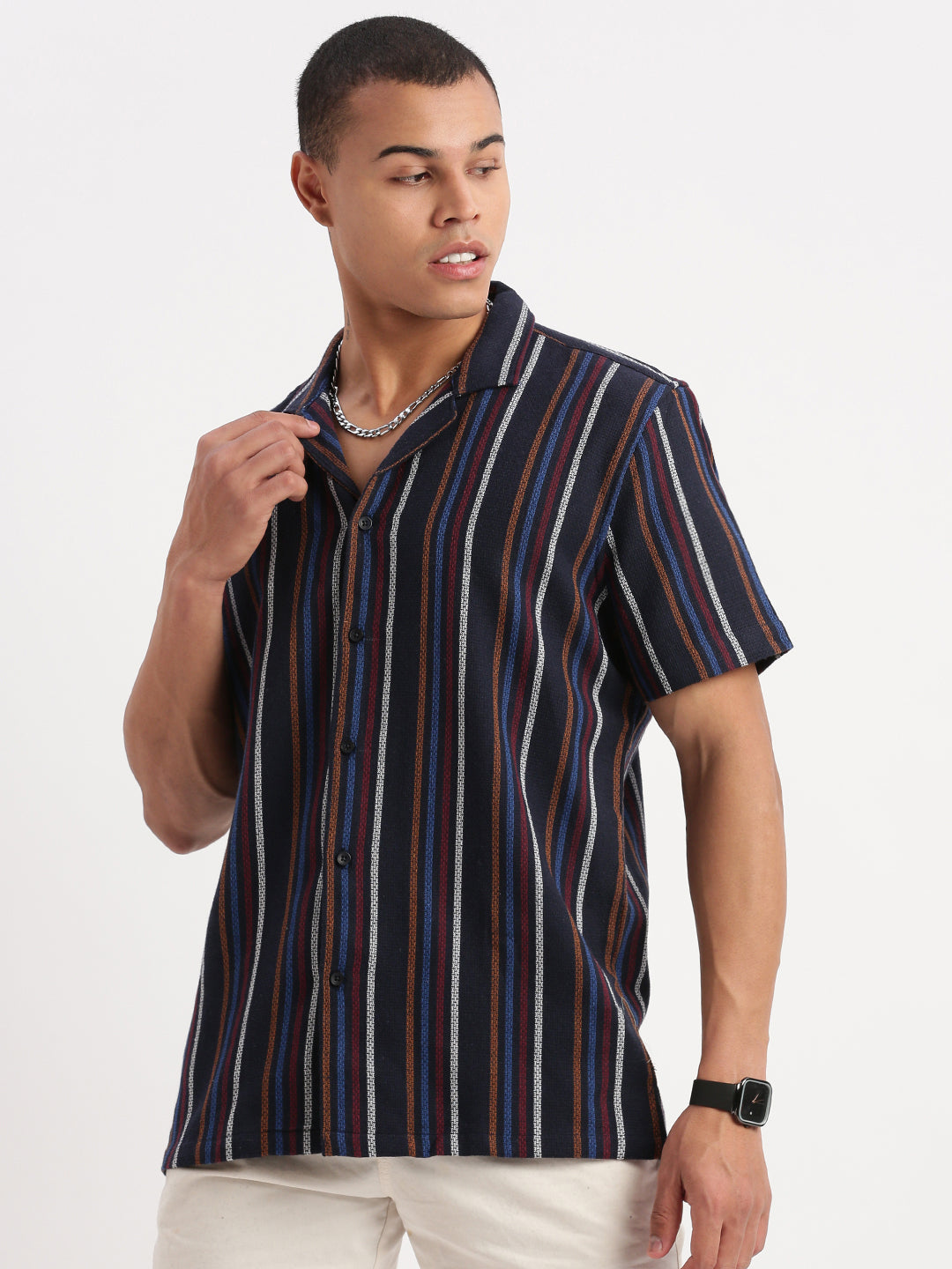 Men Cuban Collar Vertical Stripes Navy Blue Shirt
