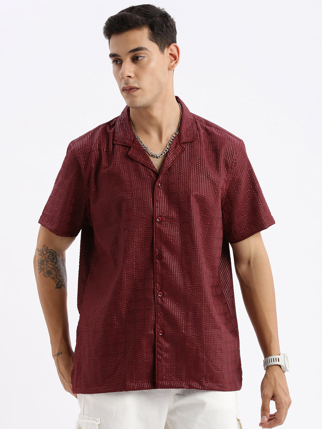 Men Cuban Collar Solid Relaxed Fit Maroon Shirt