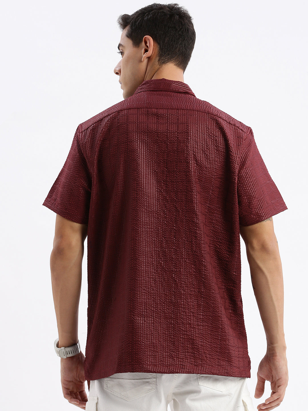 Men Cuban Collar Solid Relaxed Fit Maroon Shirt