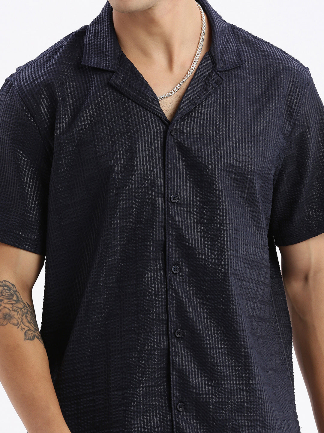 Men Cuban Collar Solid Relaxed Fit Black Shirt