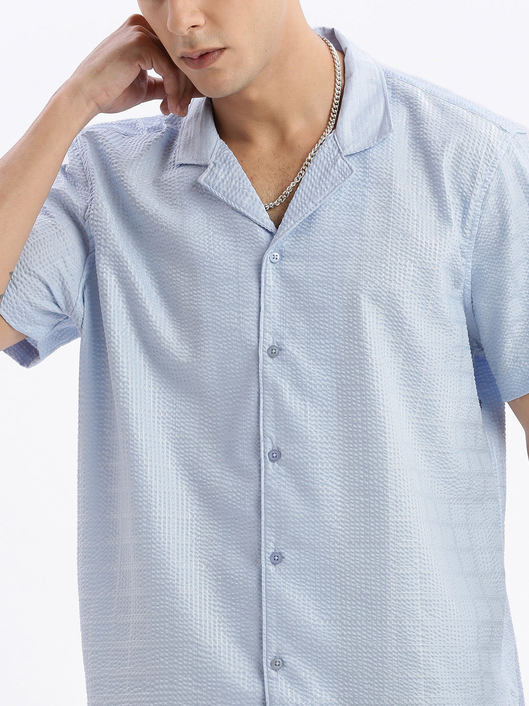 Men Cuban Collar Solid Relaxed Fit Blue Shirt