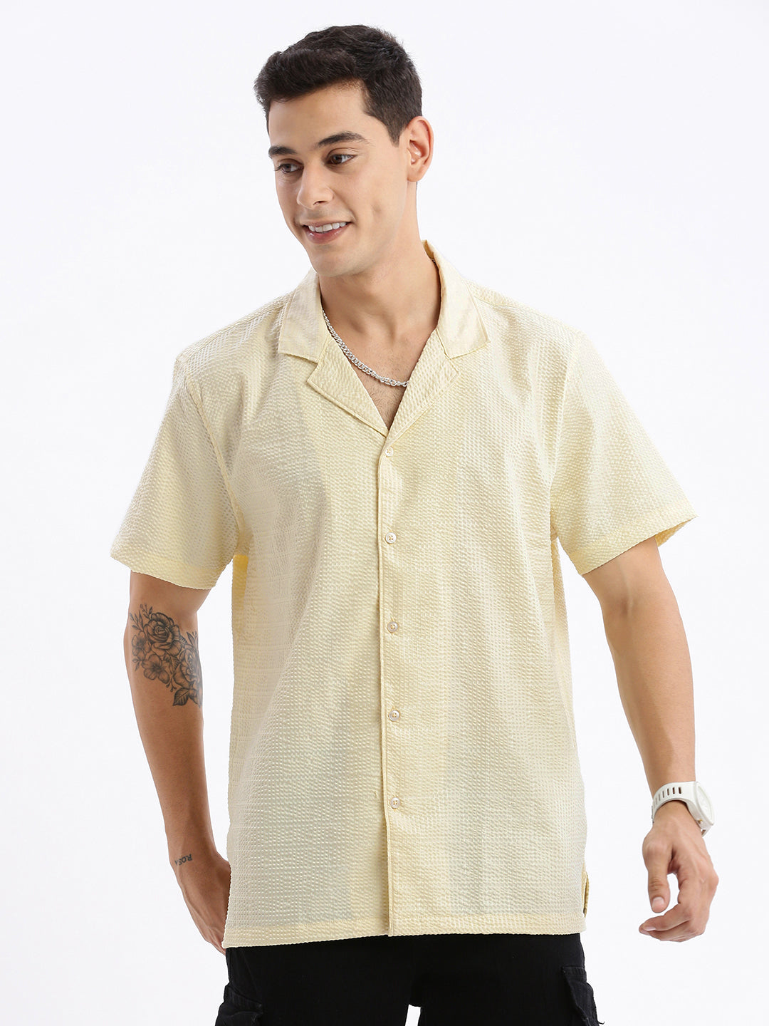 Men Cuban Collar Solid Relaxed Fit Yellow Shirt