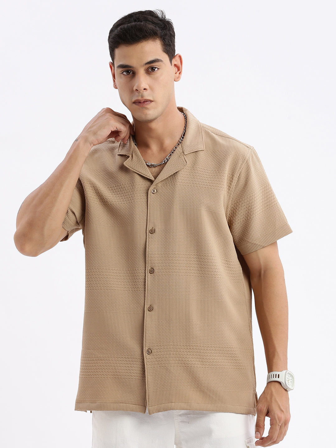Men Cuban Collar Solid Relaxed Fit Khaki Shirt