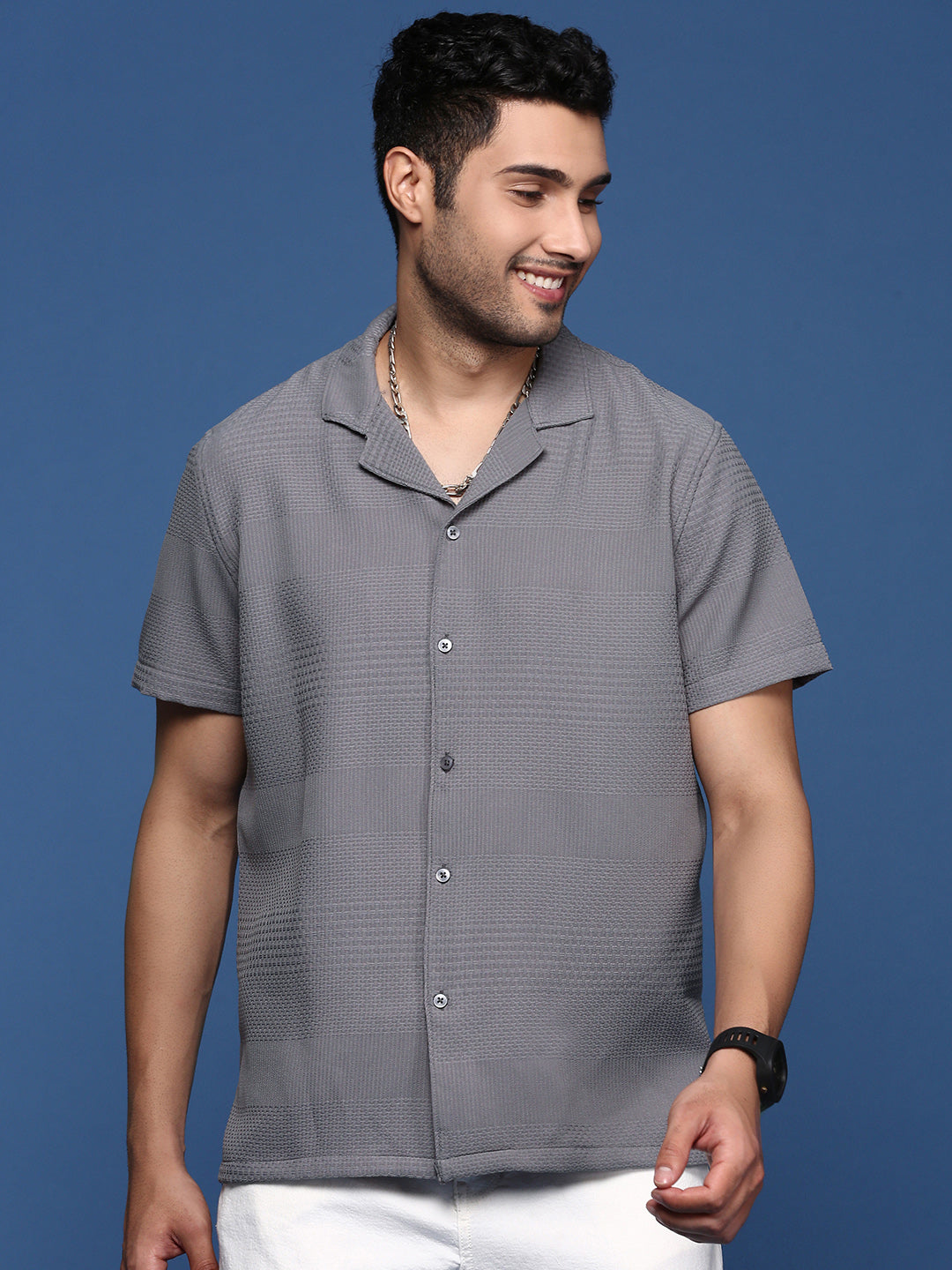 Men Cuban Collar Solid Grey Relaxed Fit Shirt
