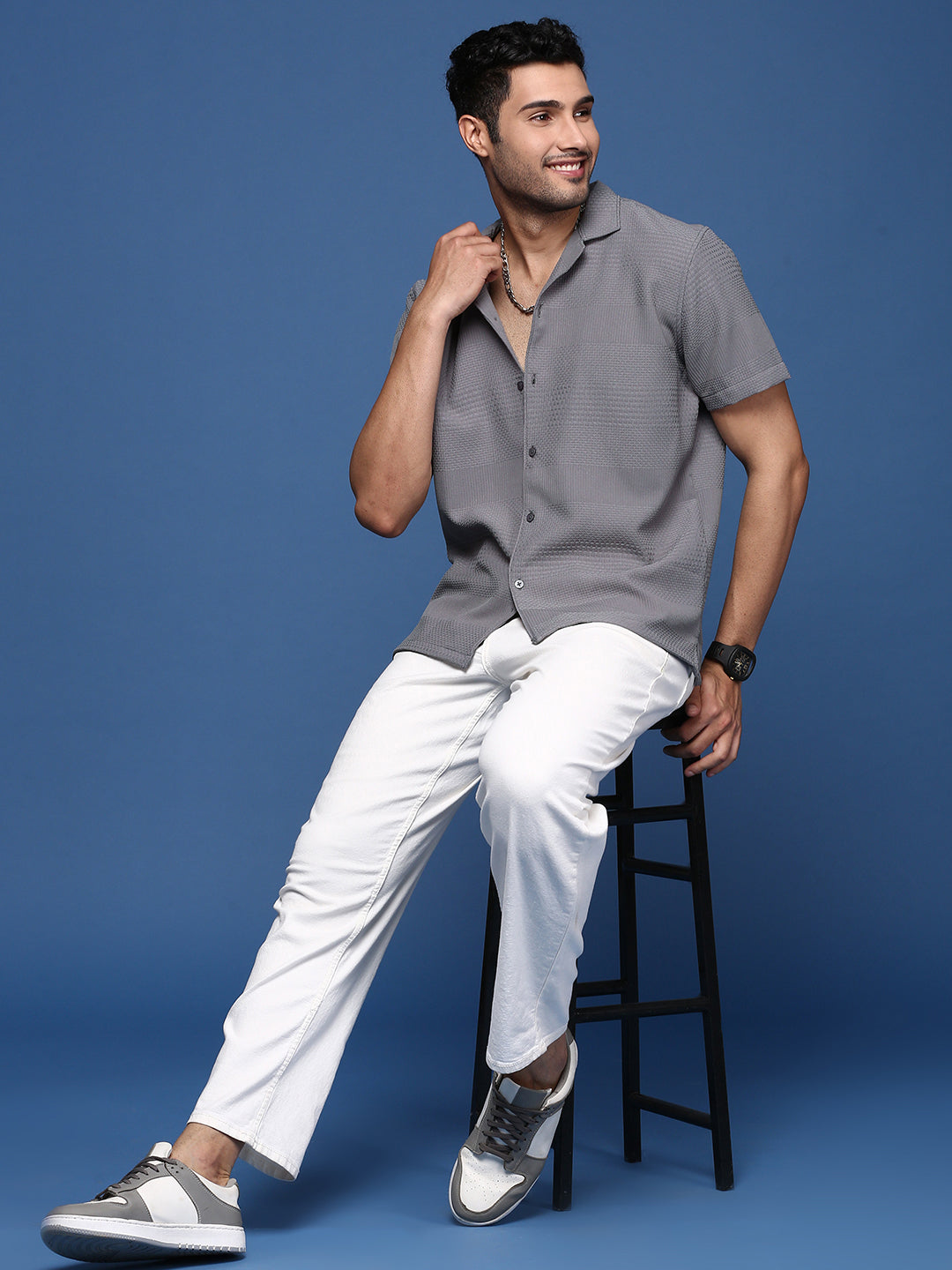 Men Cuban Collar Solid Grey Relaxed Fit Shirt