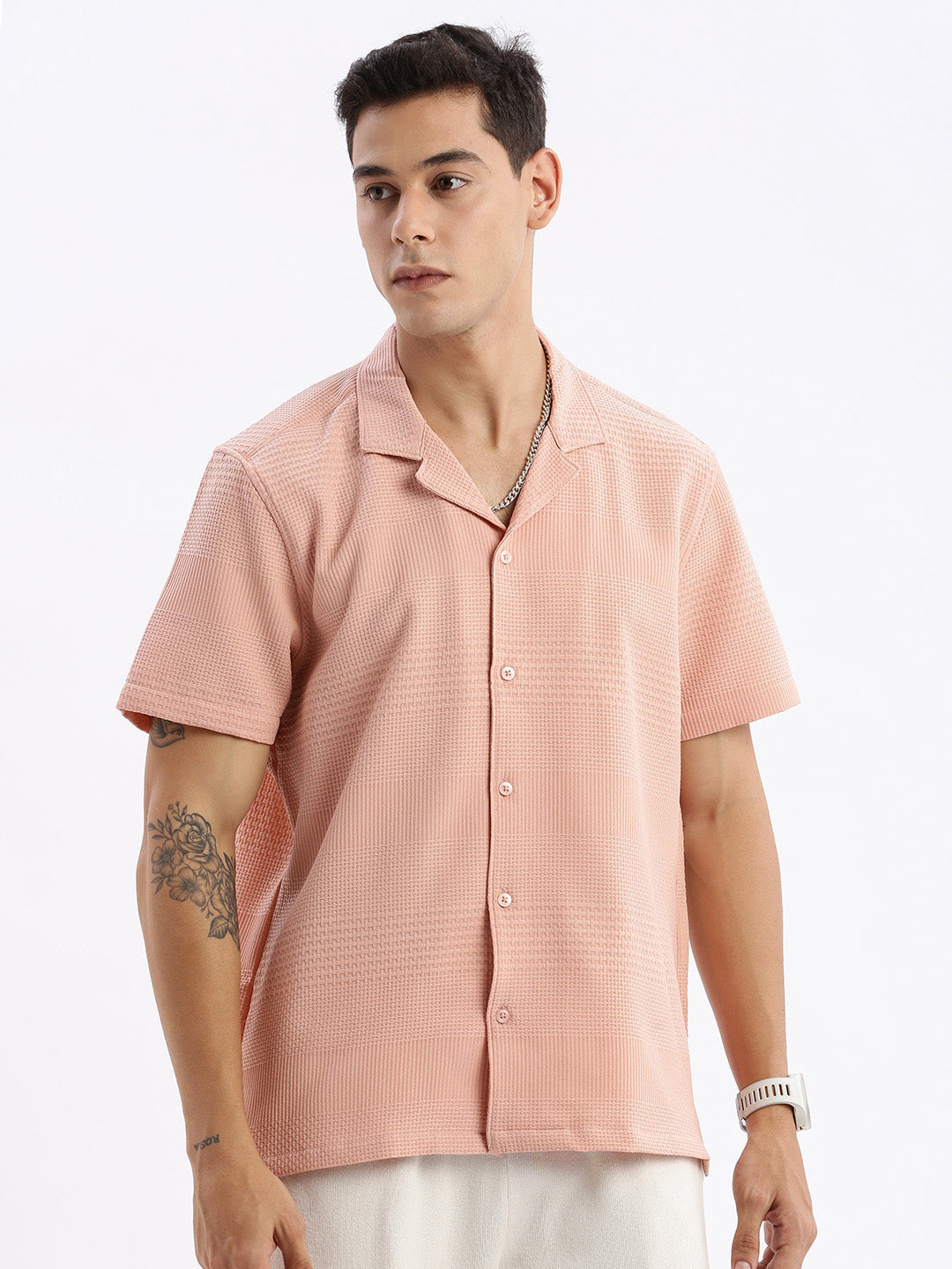 Men Cuban Collar Solid Relaxed Fit Peach Shirt
