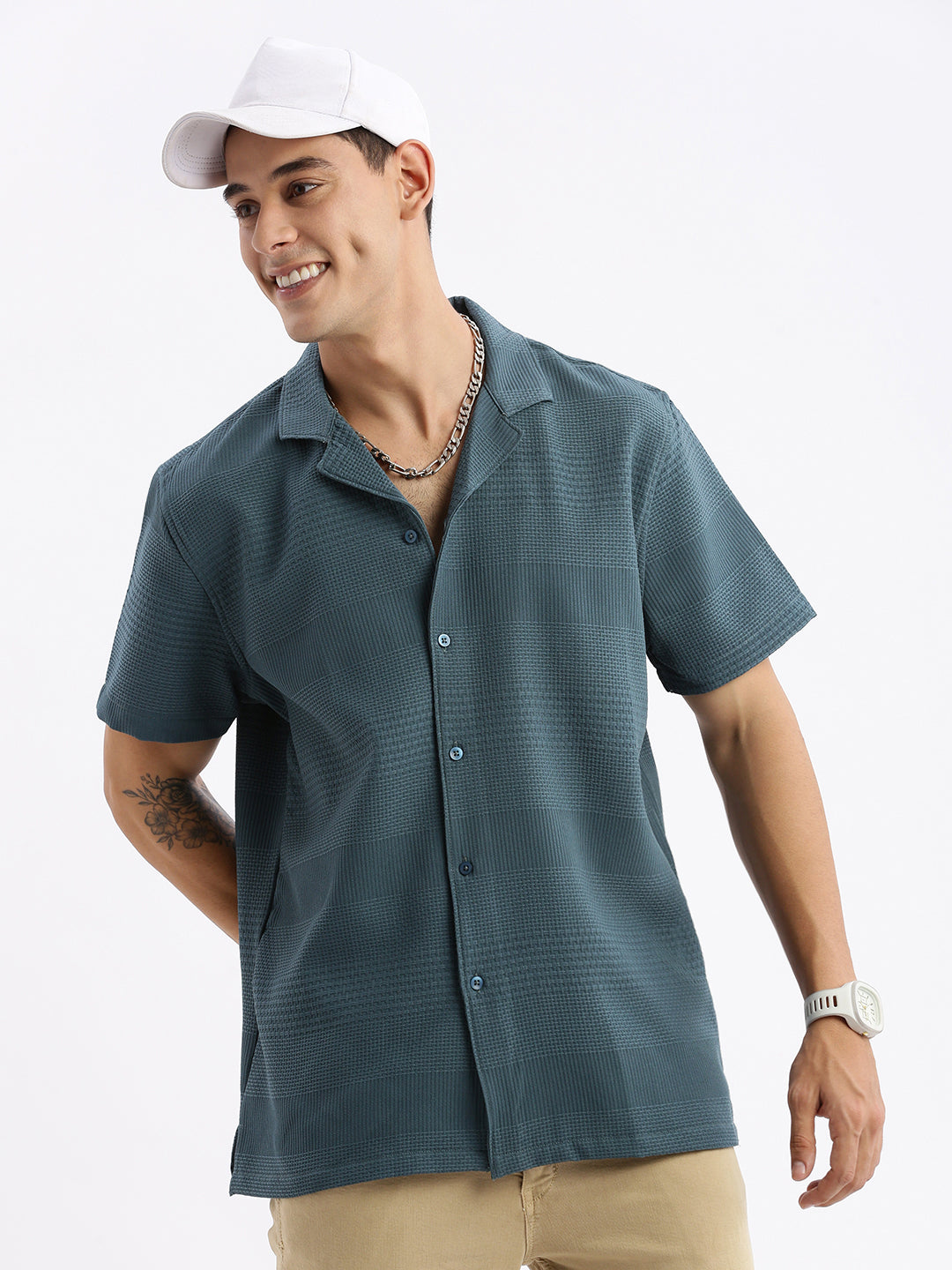 Men Cuban Collar Solid Relaxed Fit Teal Shirt