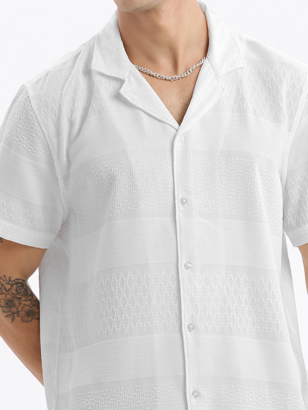 Men Cuban Collar Solid Relaxed Fit White Shirt