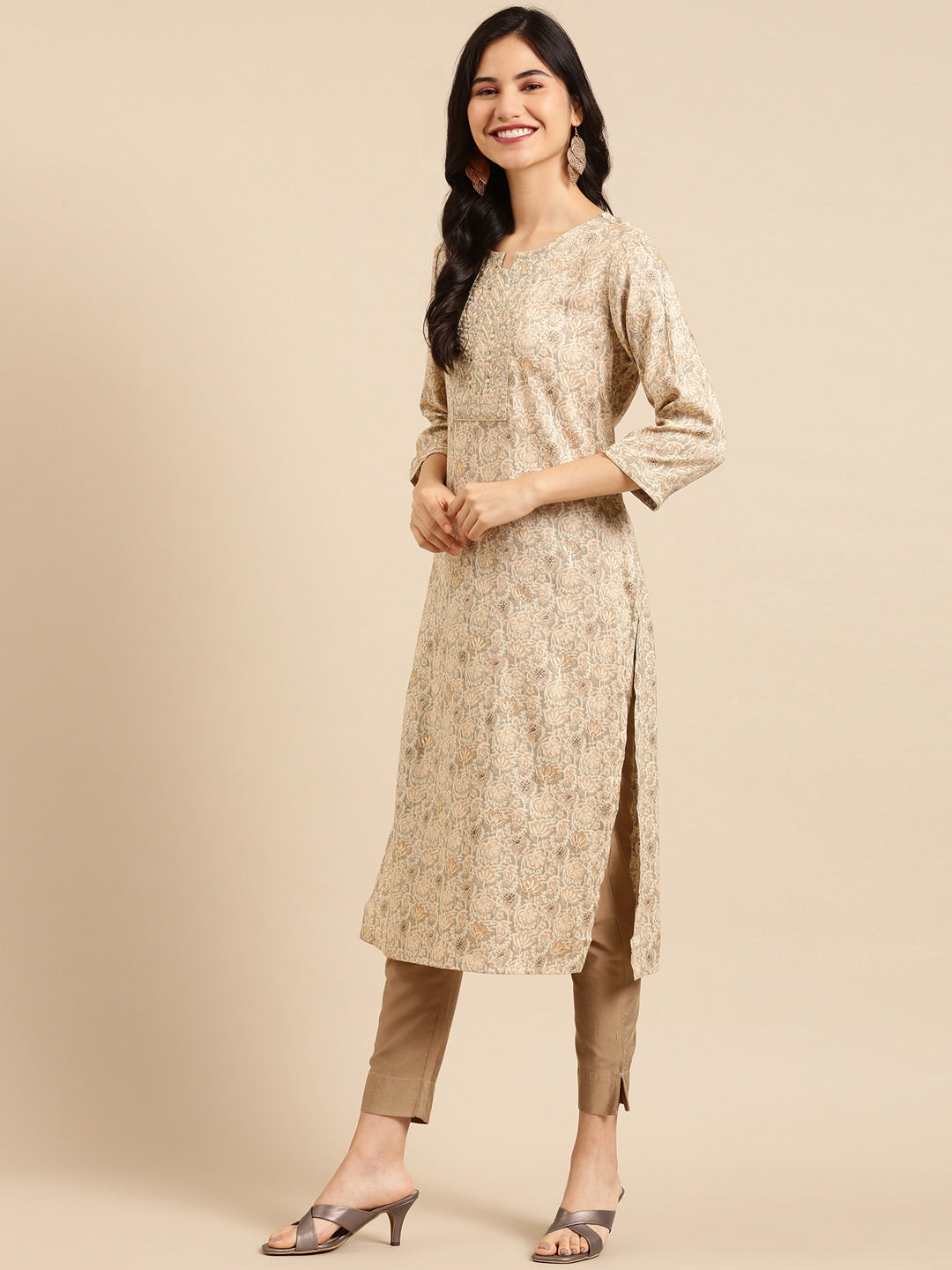 Women Printed Beige Straight Kurta