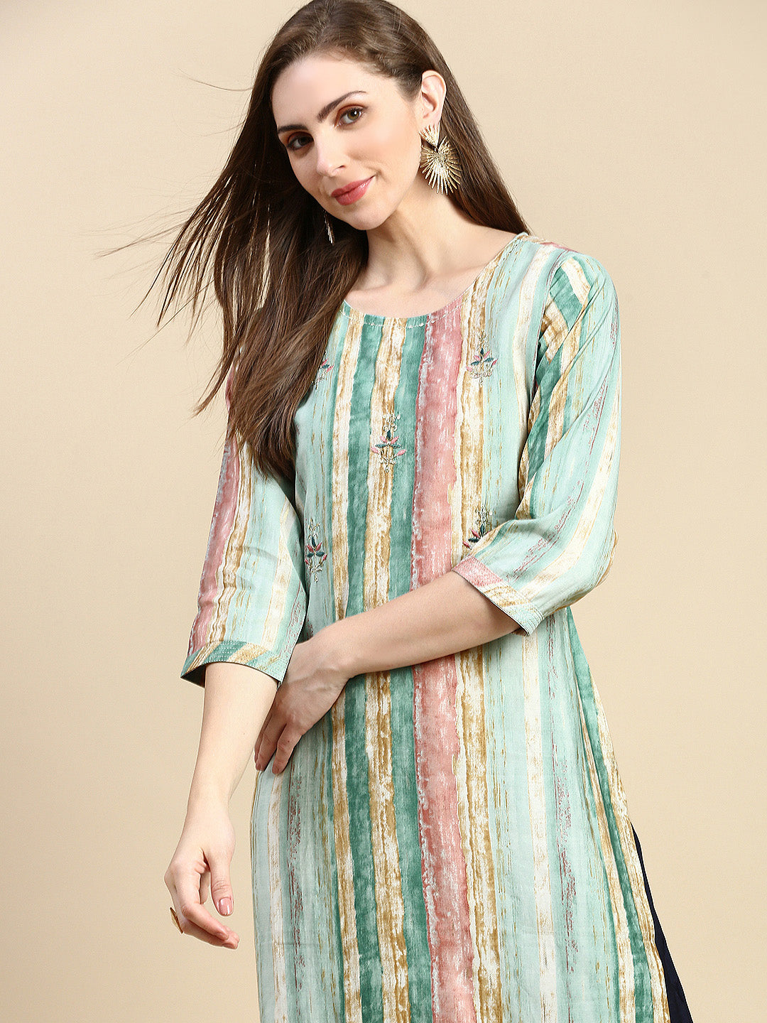 Women Striped Sea Green Straight Kurta