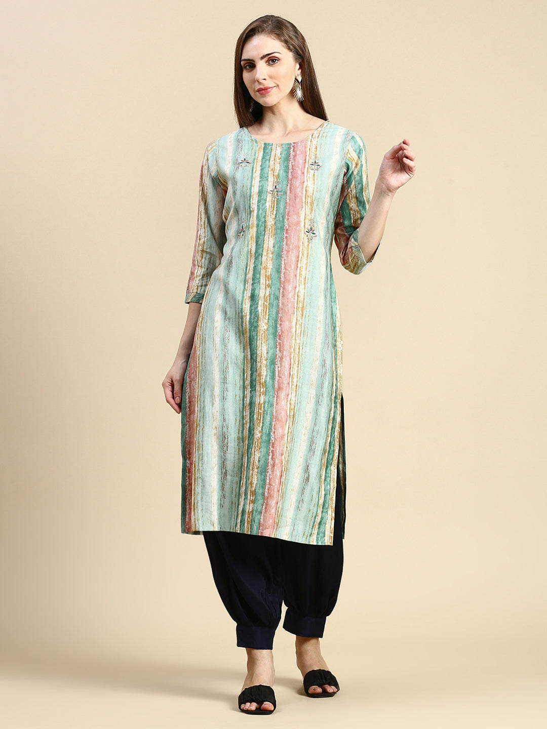 Women Striped Sea Green Straight Kurta