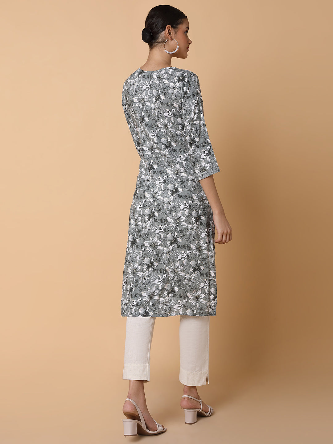 Women Floral Grey Straight Kurta