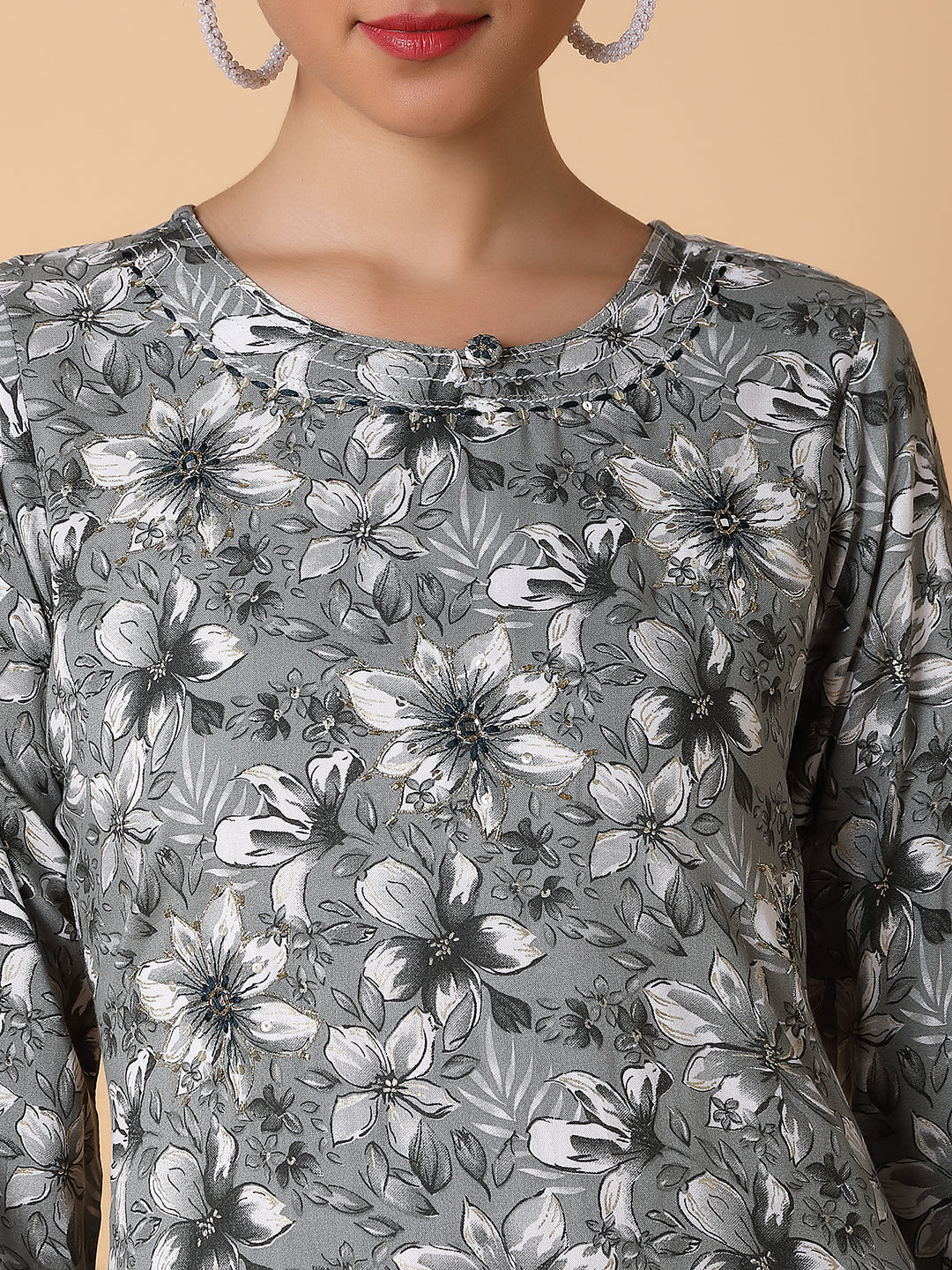 Women Floral Grey Straight Kurta