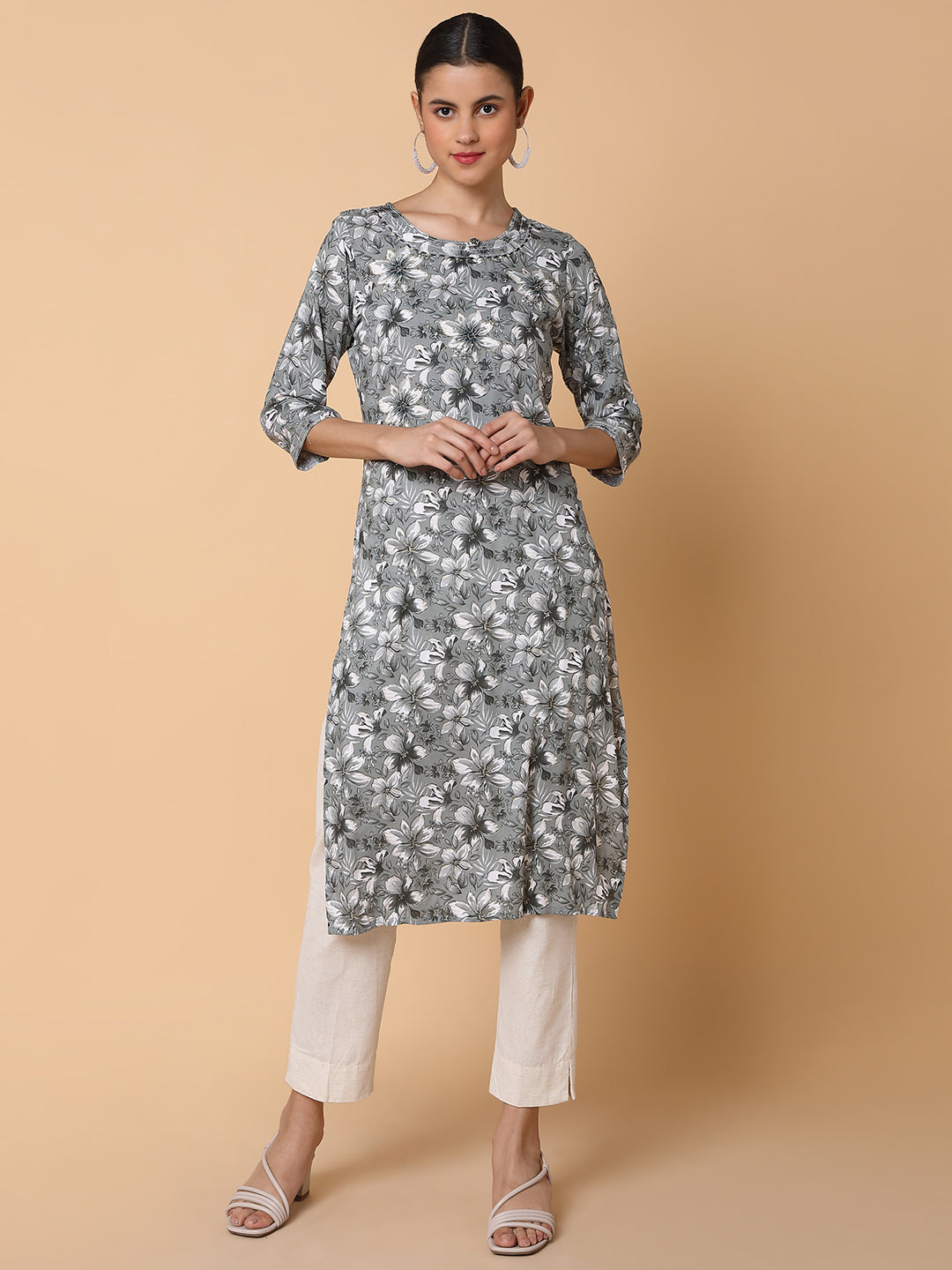 Women Floral Grey Straight Kurta