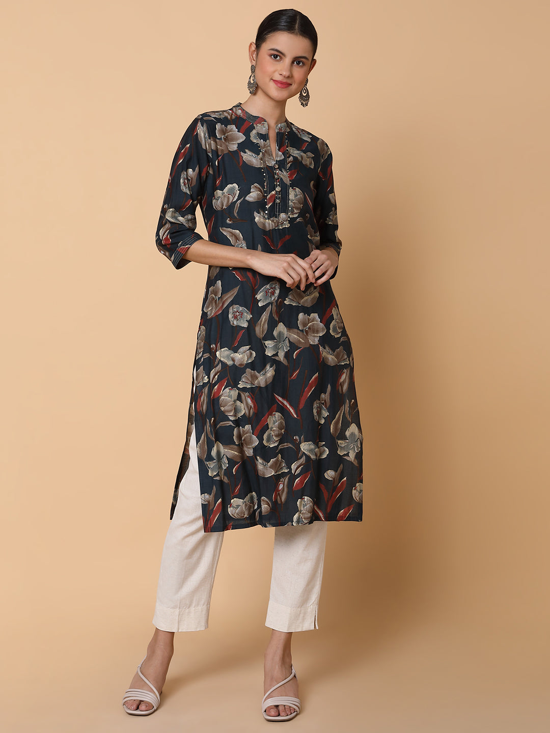 Women Floral Teal Straight Kurta