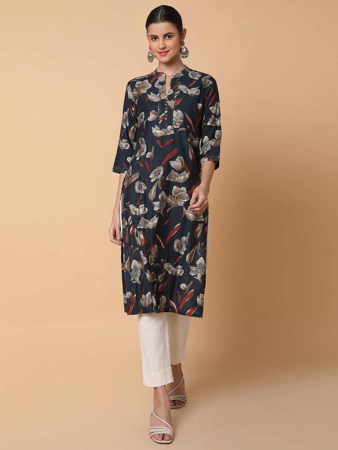 Women Floral Teal Straight Kurta