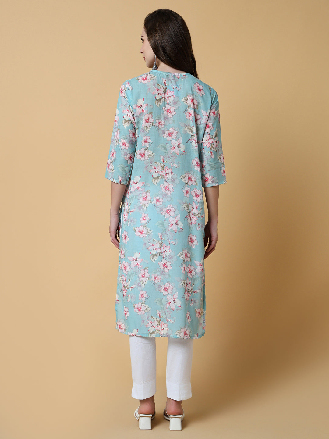 Women Blue Floral Straight Kurta