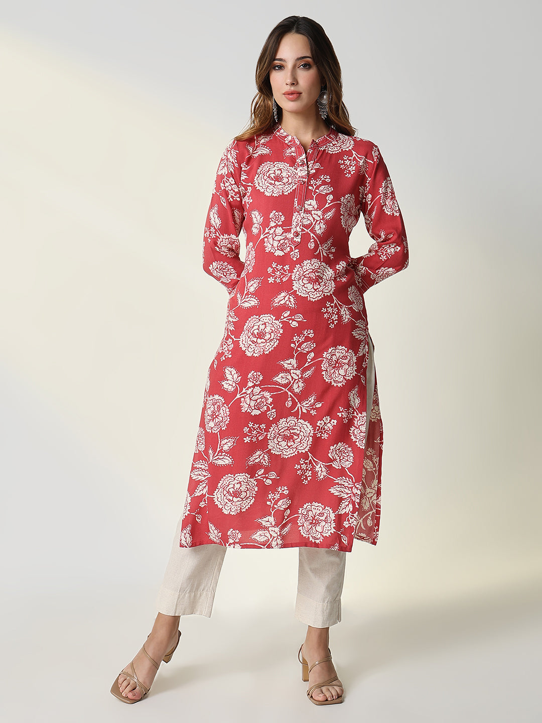 Women Red Floral Straight Kurta