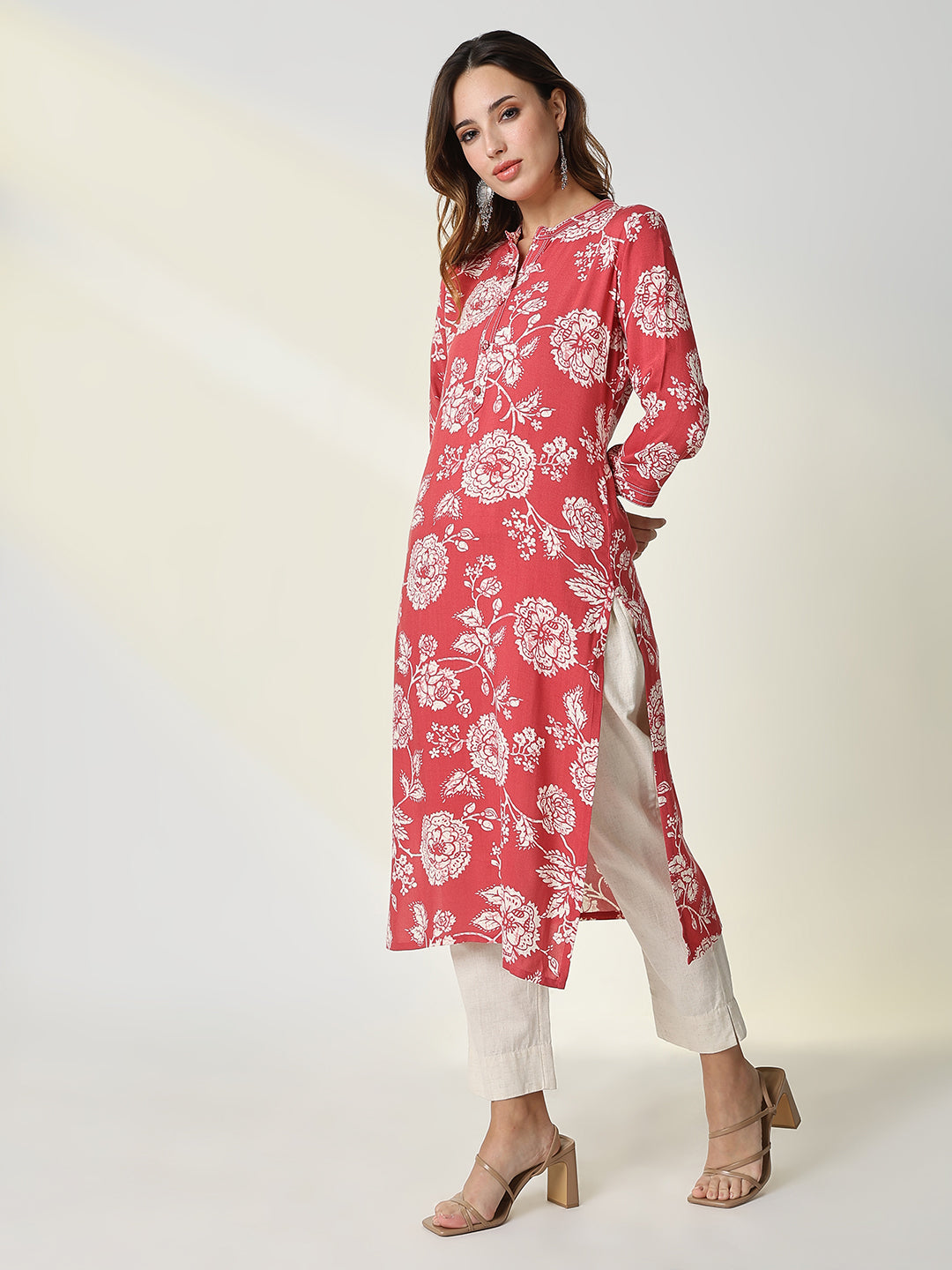 Women Red Floral Straight Kurta