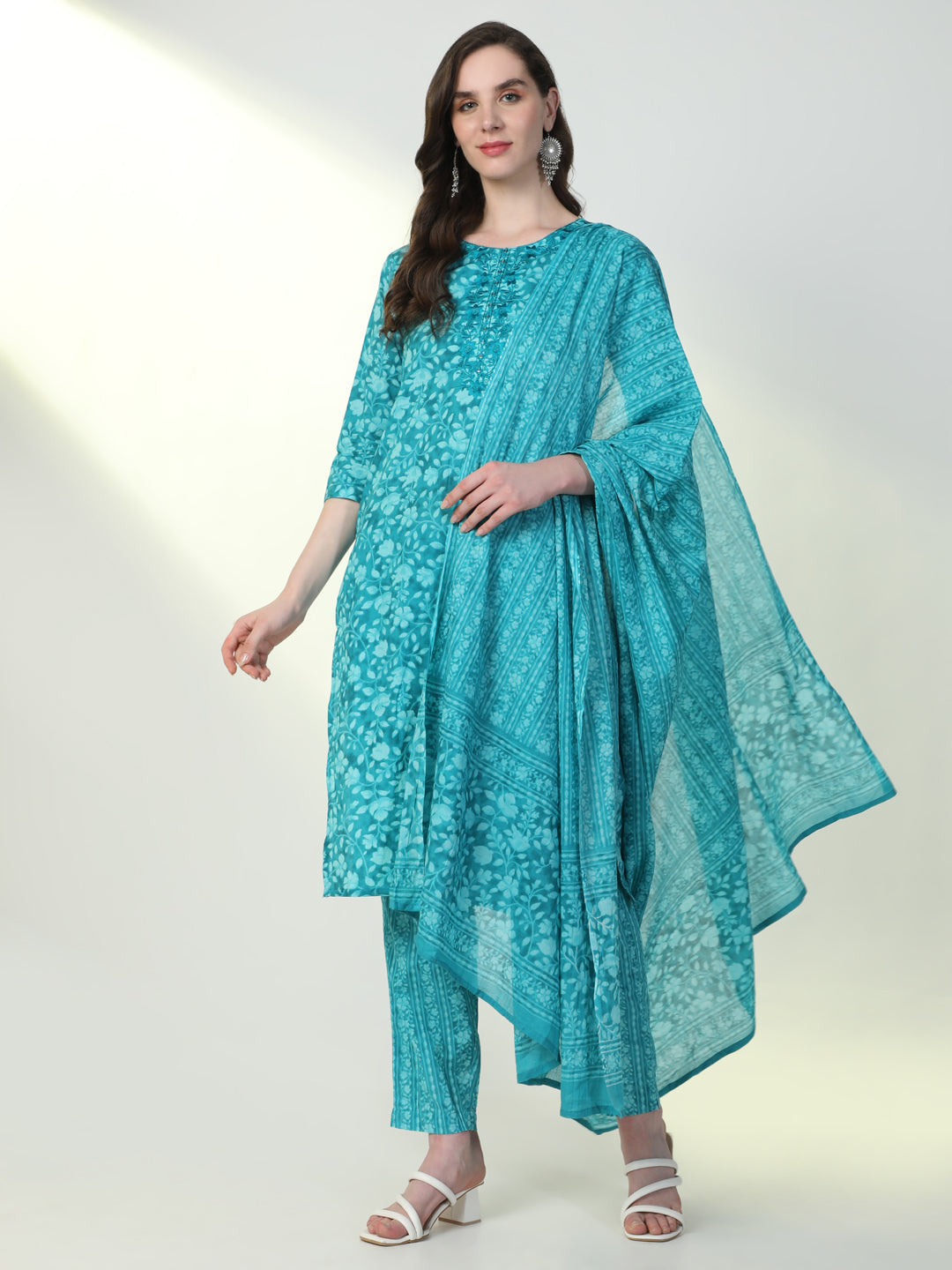 Women Blue Floral Kurta Set with Dupatta