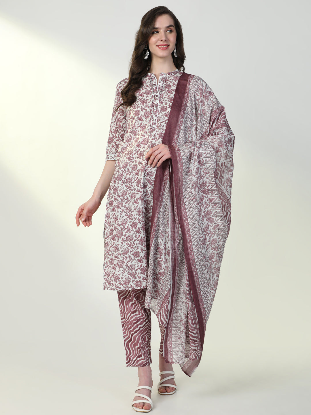 Women Purple Floral Kurta Set with Dupatta