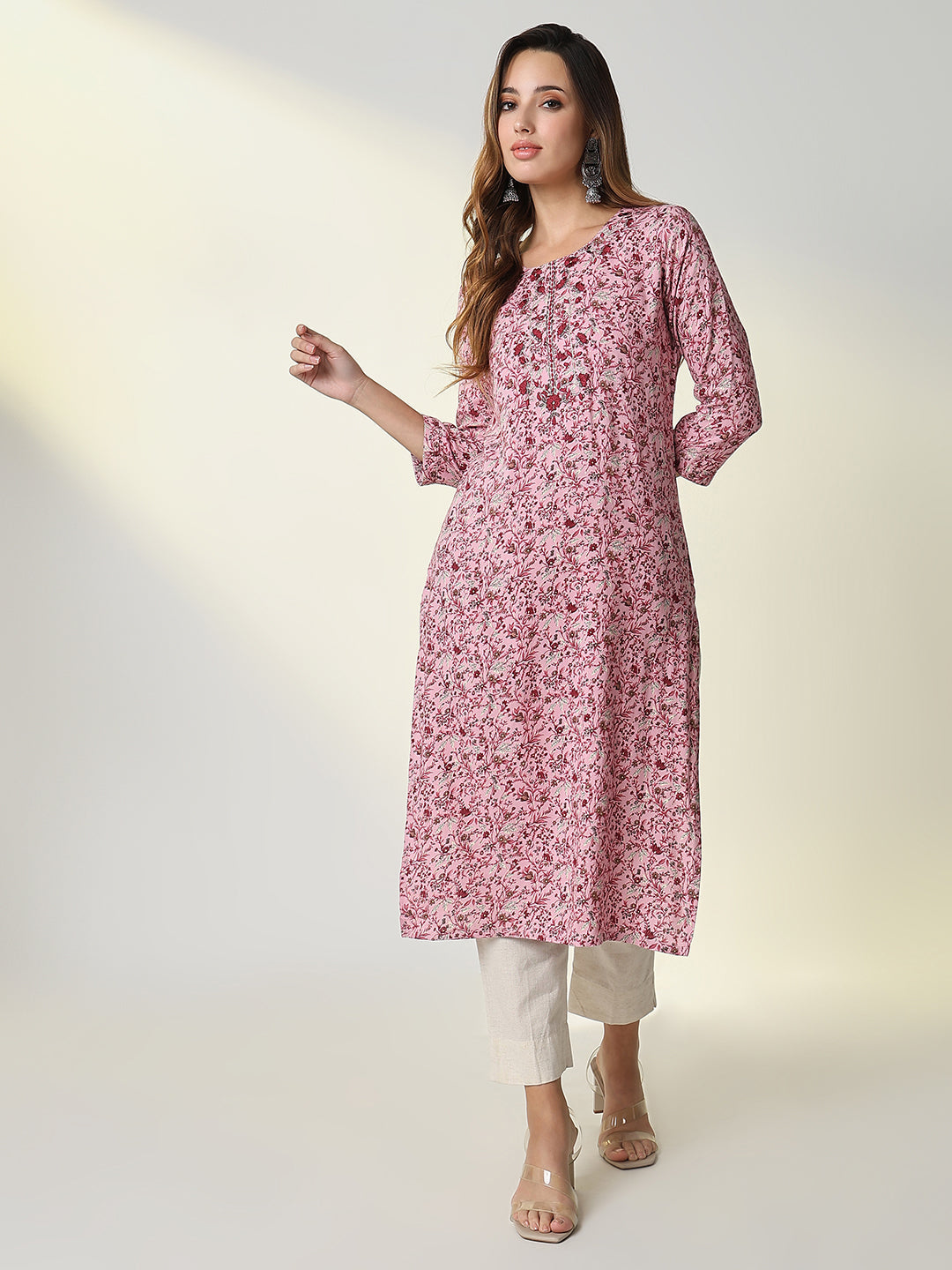 Women Pink Floral Straight Kurta