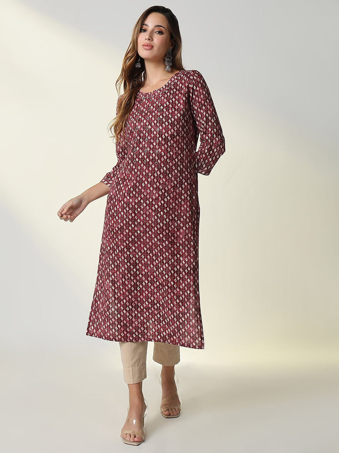 Women Maroon Graphic Straight Kurta