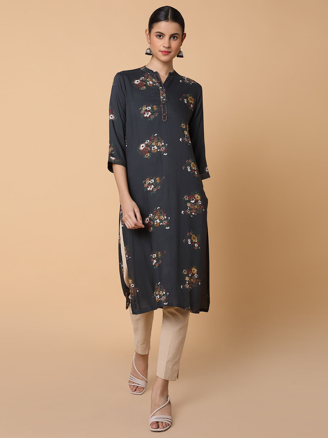 Women Straight Black Floral Kurta