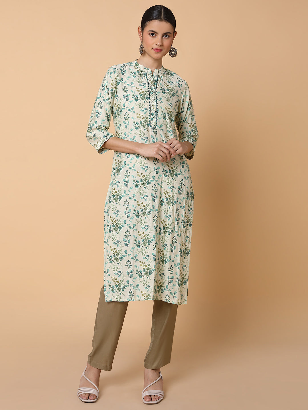 Women Straight Sequins Cream Floral Kurta