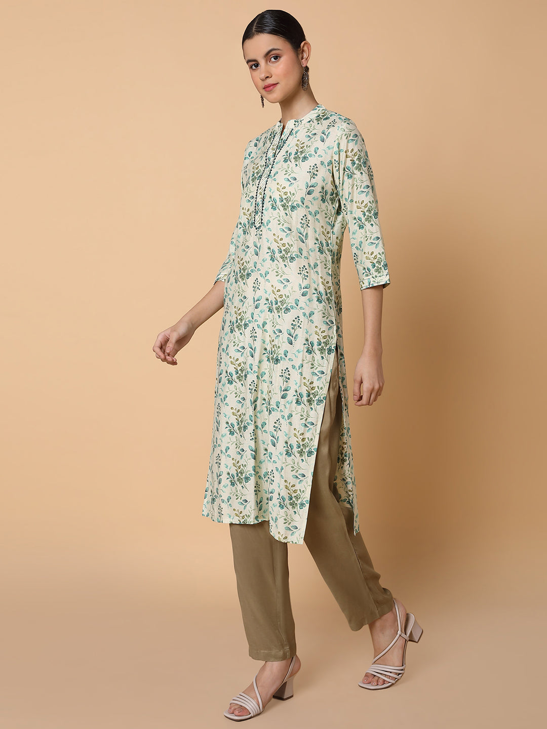 Women Straight Sequins Cream Floral Kurta