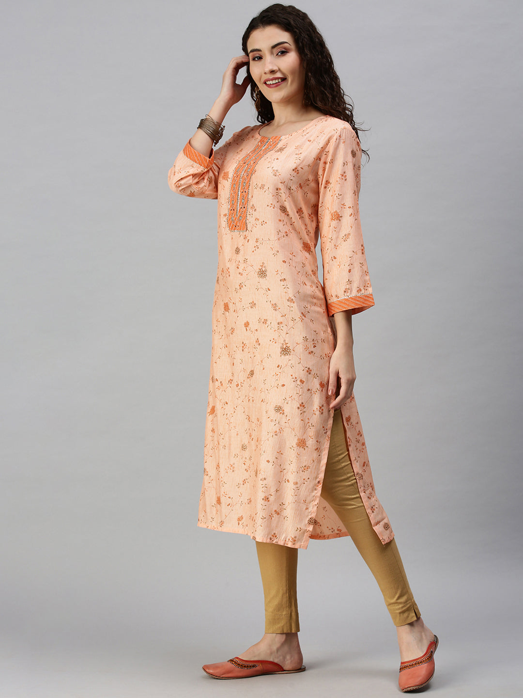 Women Printed Orange Straight Kurta