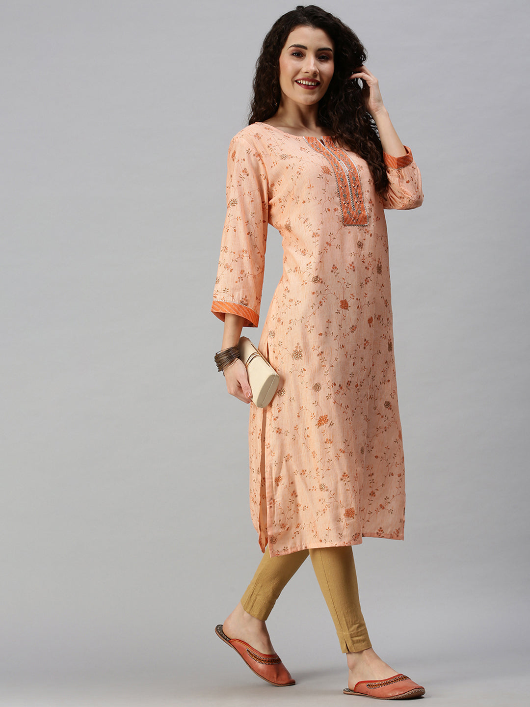 Women Printed Orange Straight Kurta