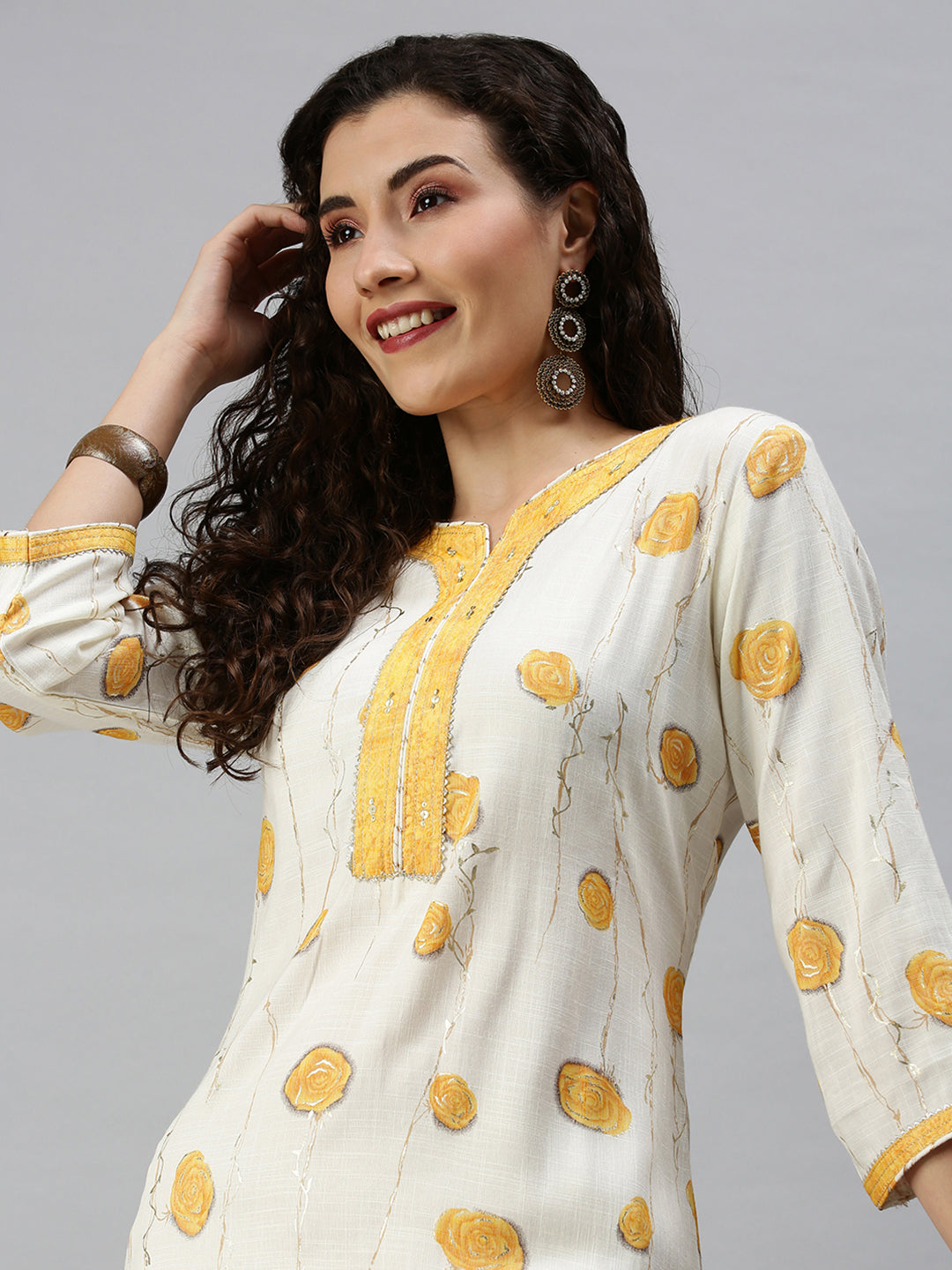 Women V-Neck Printed Yellow Straight Kurta