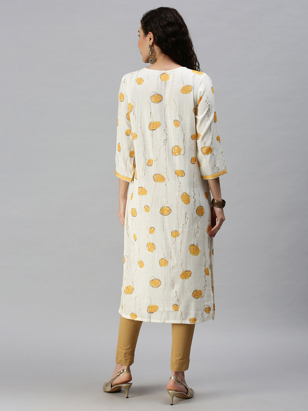 Women V-Neck Printed Yellow Straight Kurta