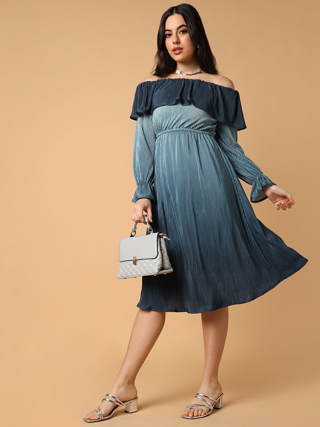 Women's Teal Solid Fit and Flare Dress