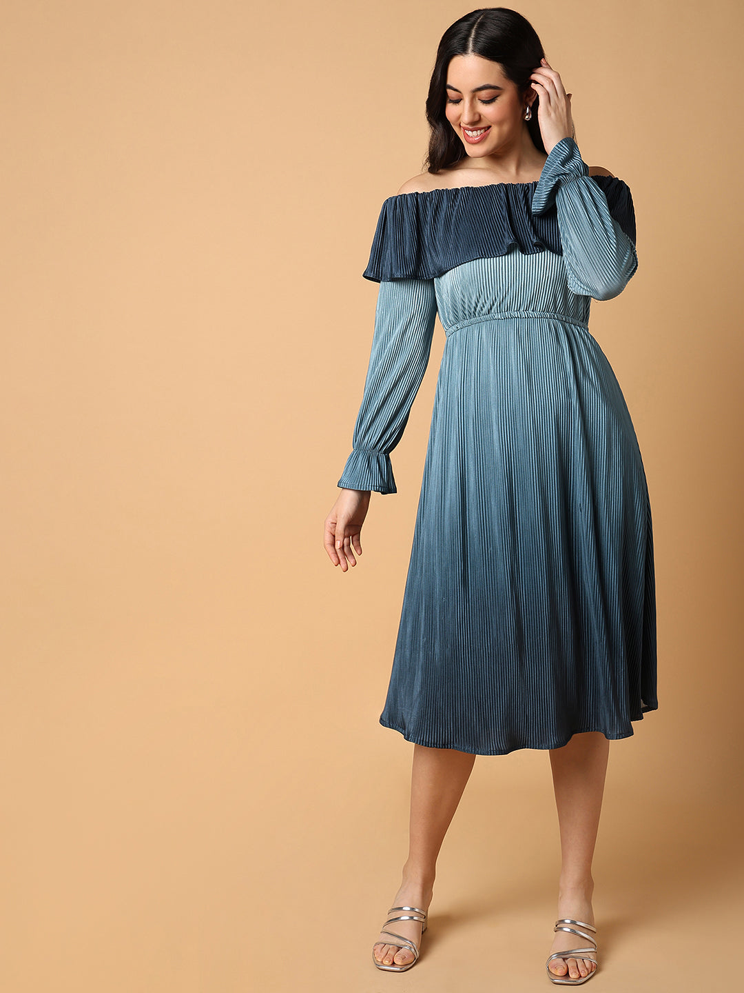 Women's Teal Solid Fit and Flare Dress