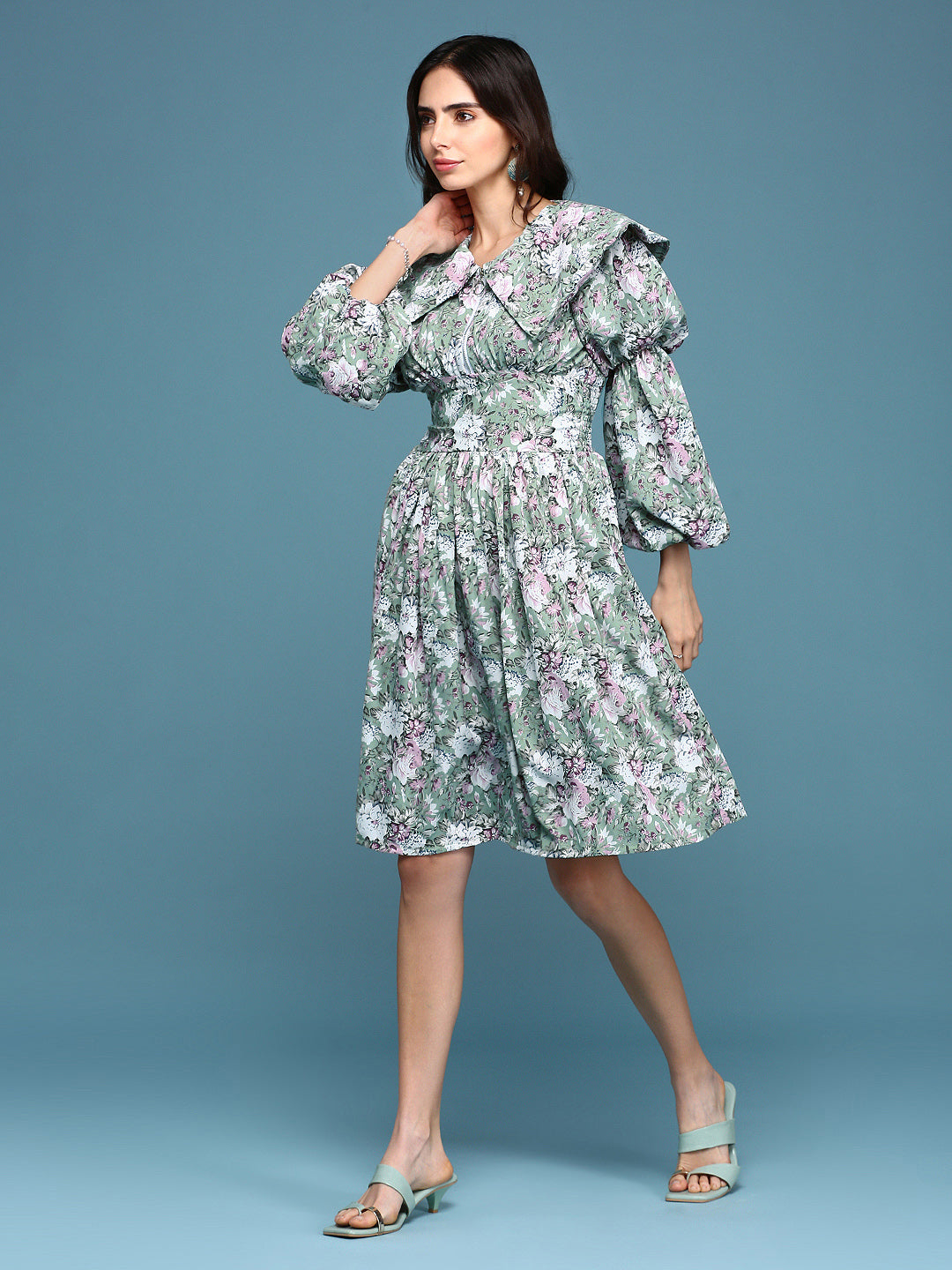 Women's Sea Green Printed Fit and Flare Dress