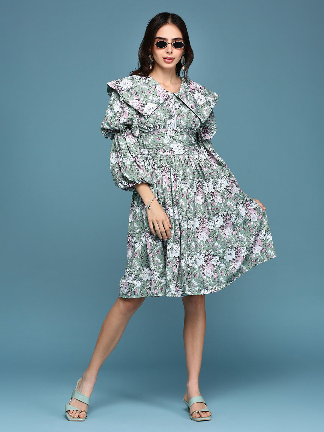 Women's Sea Green Printed Fit and Flare Dress