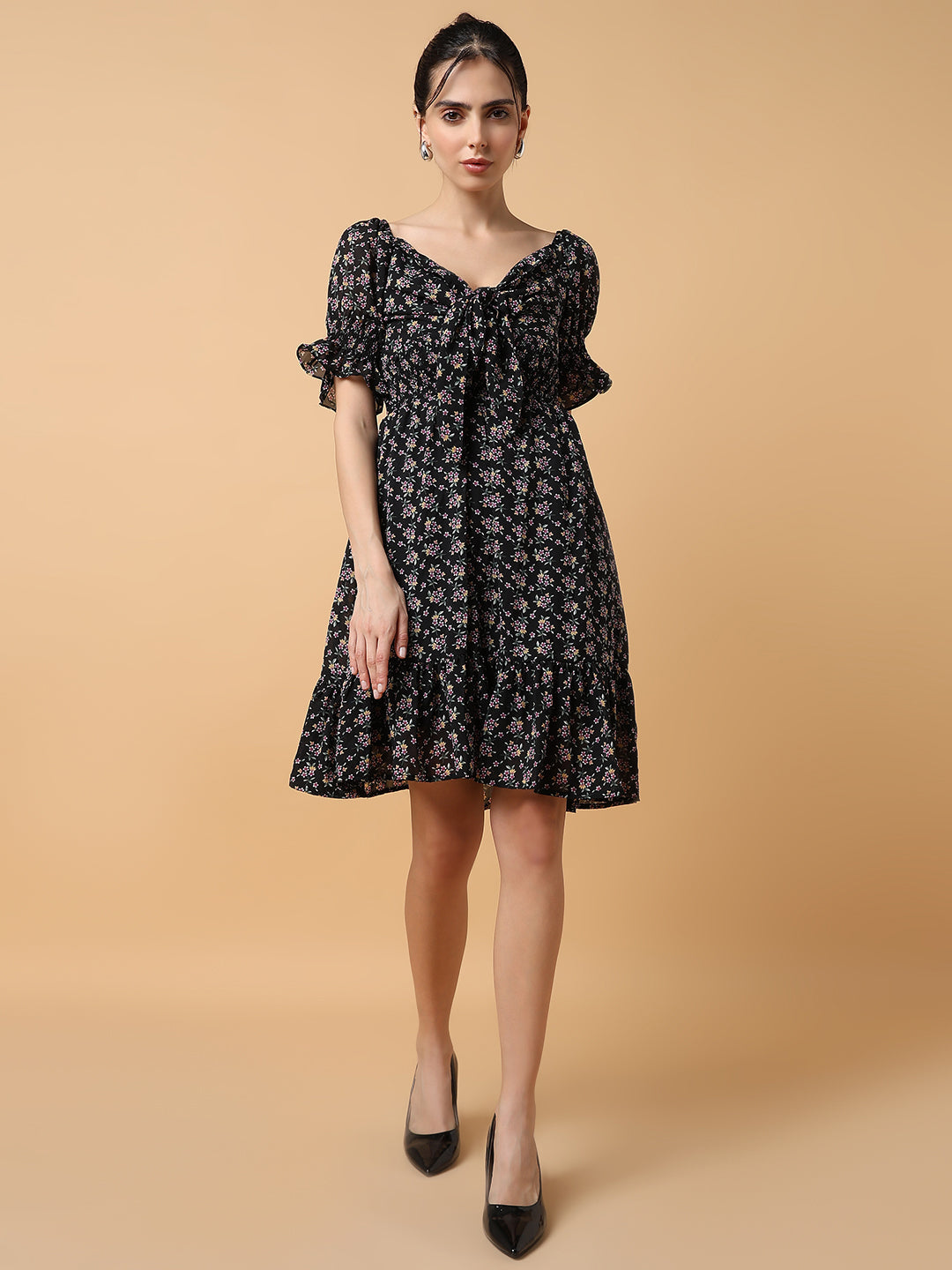 Women's Black Printed Fit and Flare Dress