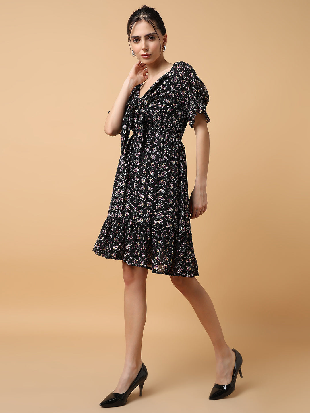 Women's Black Printed Fit and Flare Dress