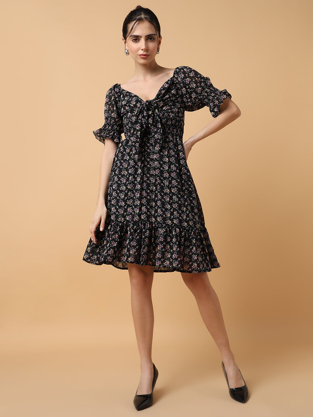 Women's Black Printed Fit and Flare Dress