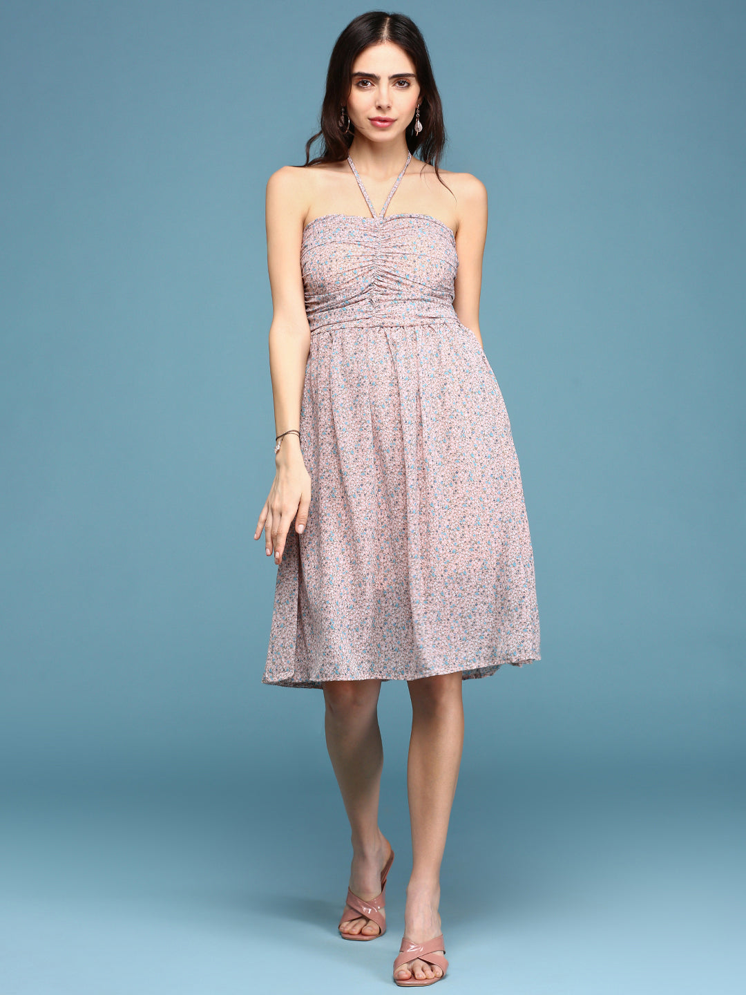 Women's Peach Printed Fit and Flare Dress