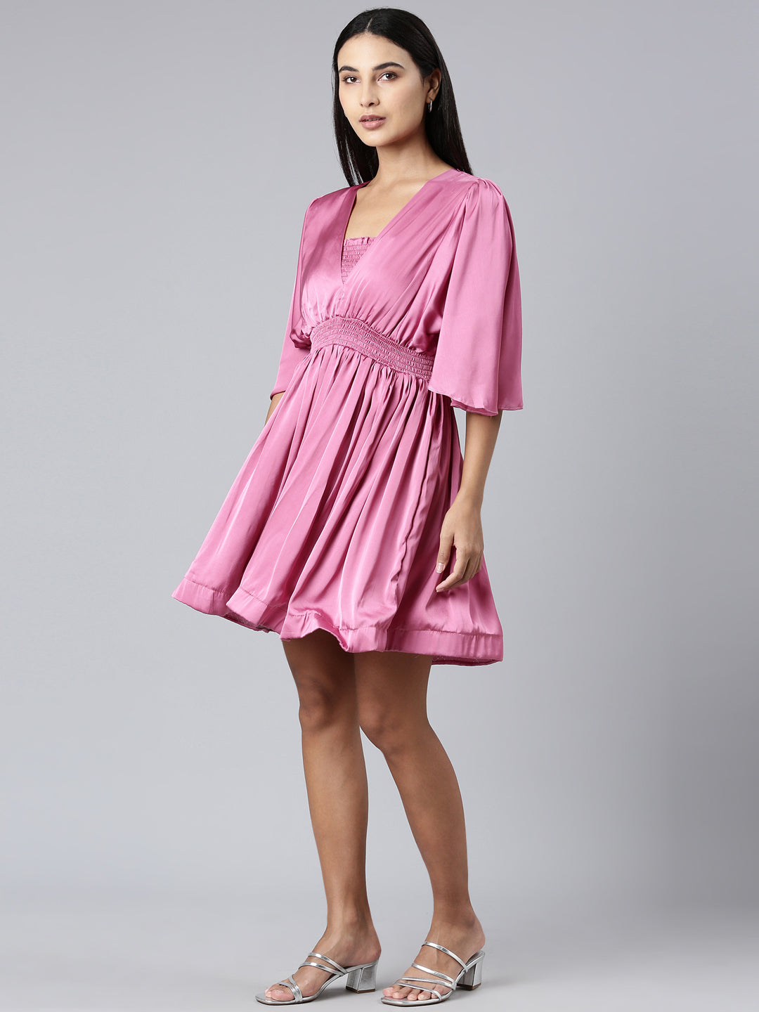 Women V-Neck Solid Fit and Flare Pink Dress