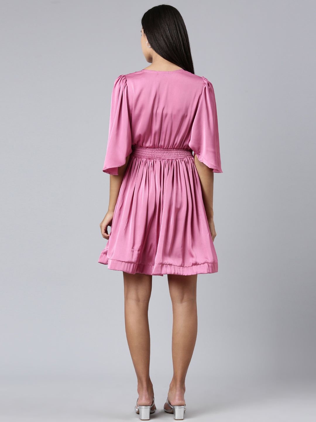Women V-Neck Solid Fit and Flare Pink Dress