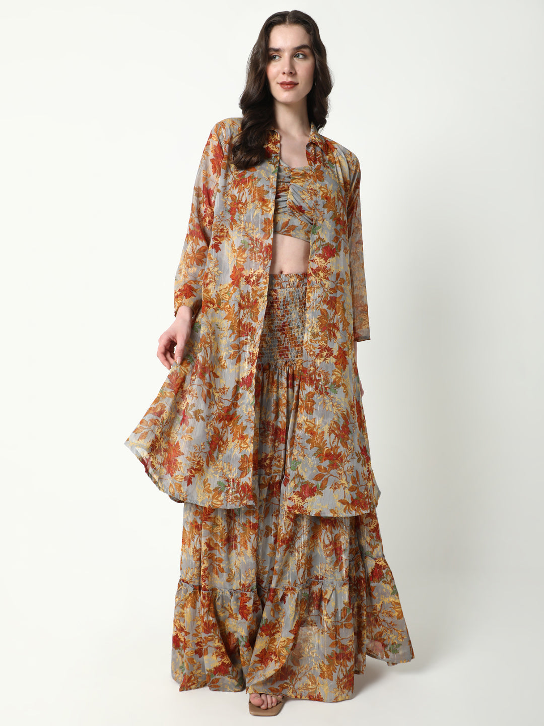 Women Brown Printed Co Ords Set with Shrug